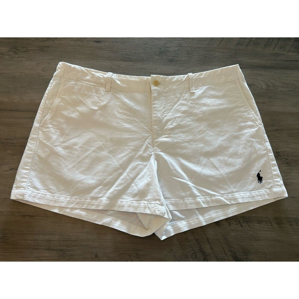 Polo Ralph Lauren White Shorts Blue Logo Size 10 Womens Flap Back Pockets